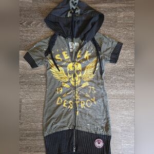Affliction Seek And Destroy Zip Up Short Sleeve Hoodie Long Size Medium